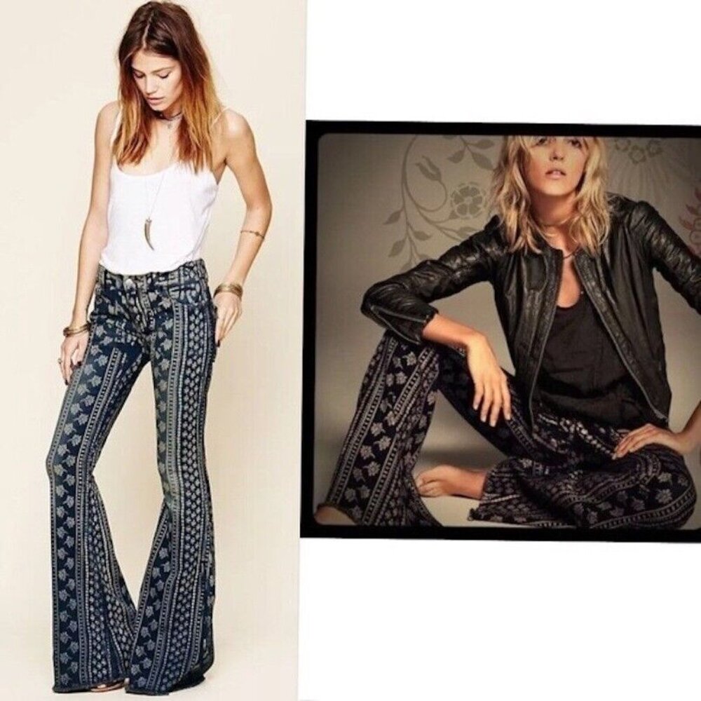 Free People Mantra Bali Print Indigo Boho Festival Flare Jeans